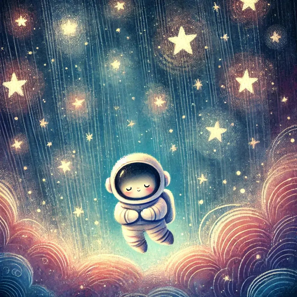 Kleiner Astronaut steht auf einem Planeten unter funkelndem Sternenhimmel.