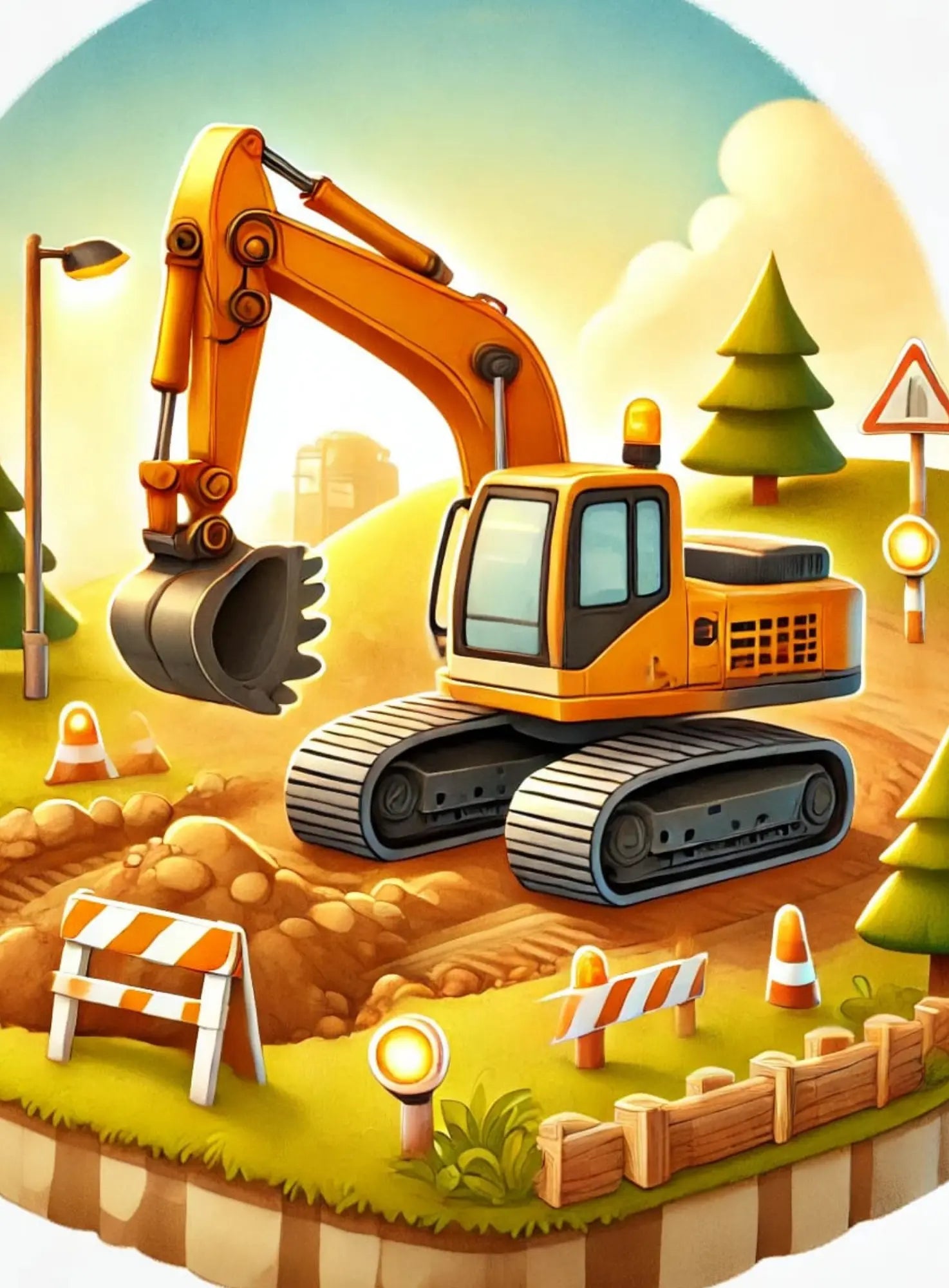 Kleiner Bagger auf Sandfläche bei klarem Himmel mit Hügeln.

