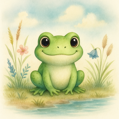 Grüner Frosch mit rundem Körper und Lächeln