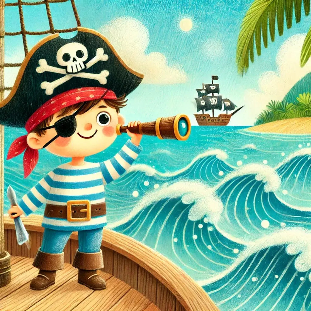 Kleiner Pirat mit Fernglas und Schatzkarte auf dem Meer