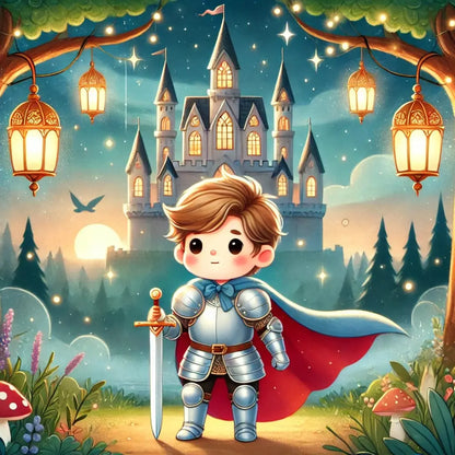 Ein kleiner Ritter mit Umhang steht entschlossen vor einem großen Schloss unter einem Sternenhimmel.