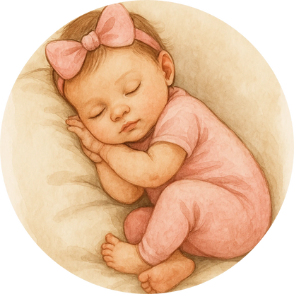 Baby mit rosa Schleife schläft auf Kissen – Neugeborenenmotiv für Mädchen