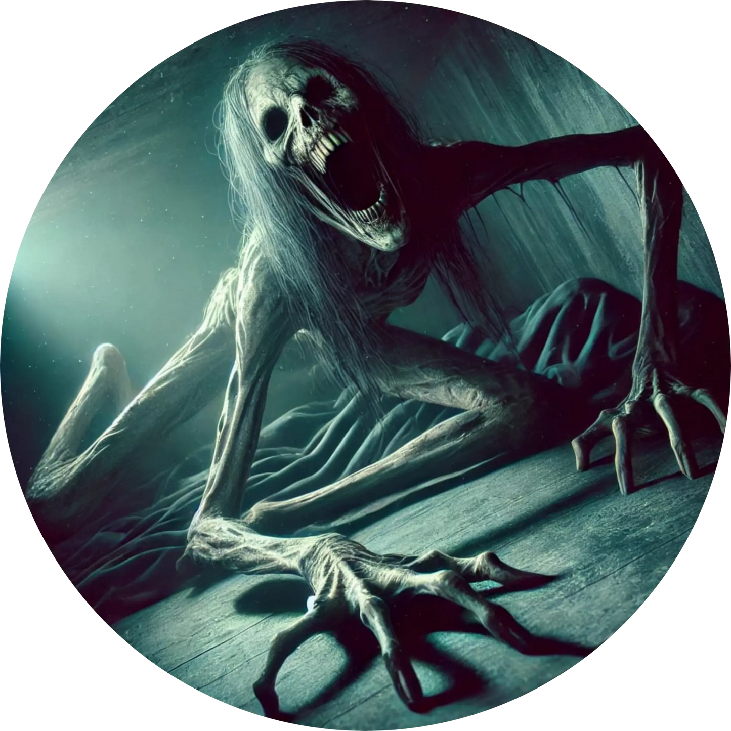 Geisterhafte Frau mit Schleier vor dunklem Hintergrund mit Schlangen