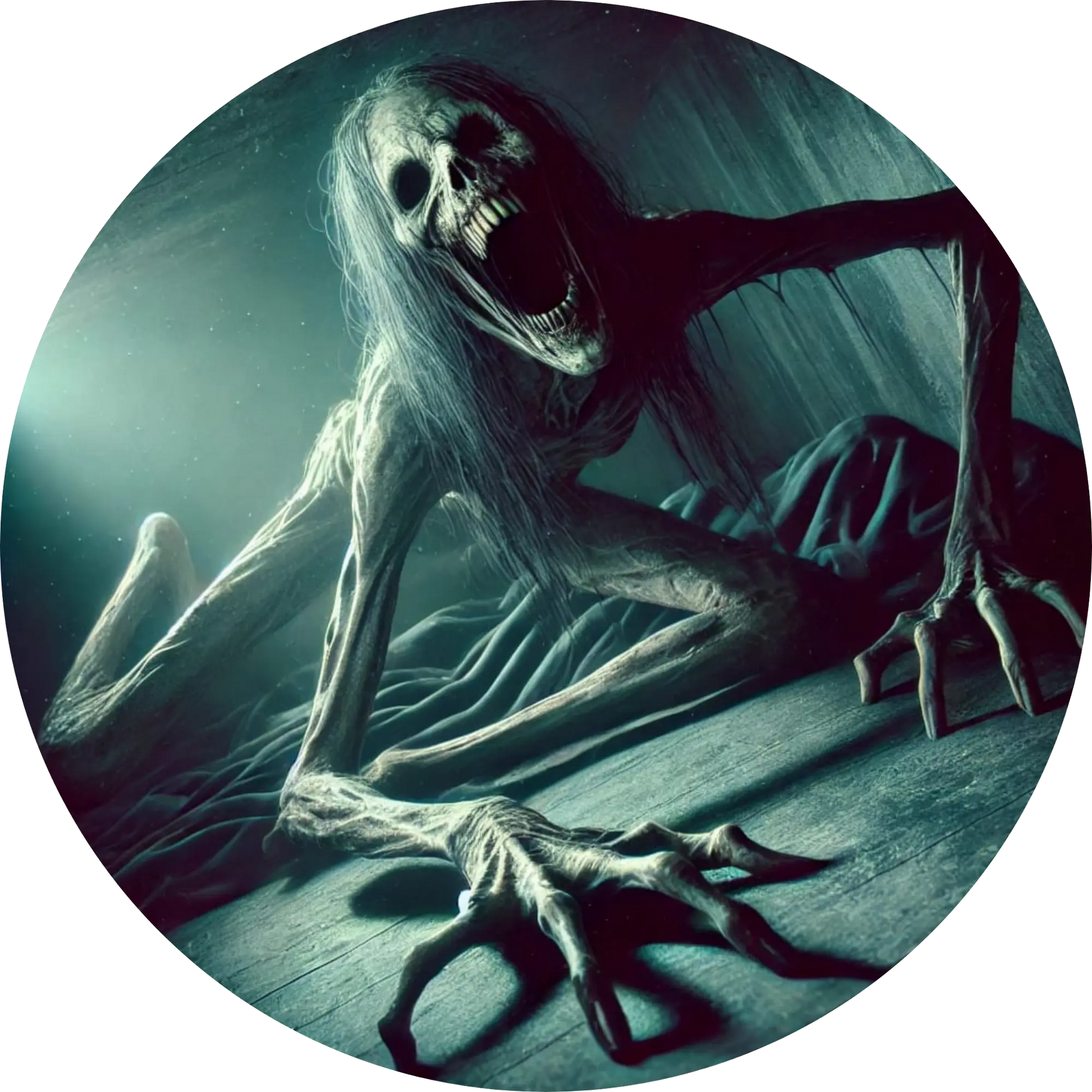 Geisterhafte Frau mit Schleier vor dunklem Hintergrund mit Schlangen