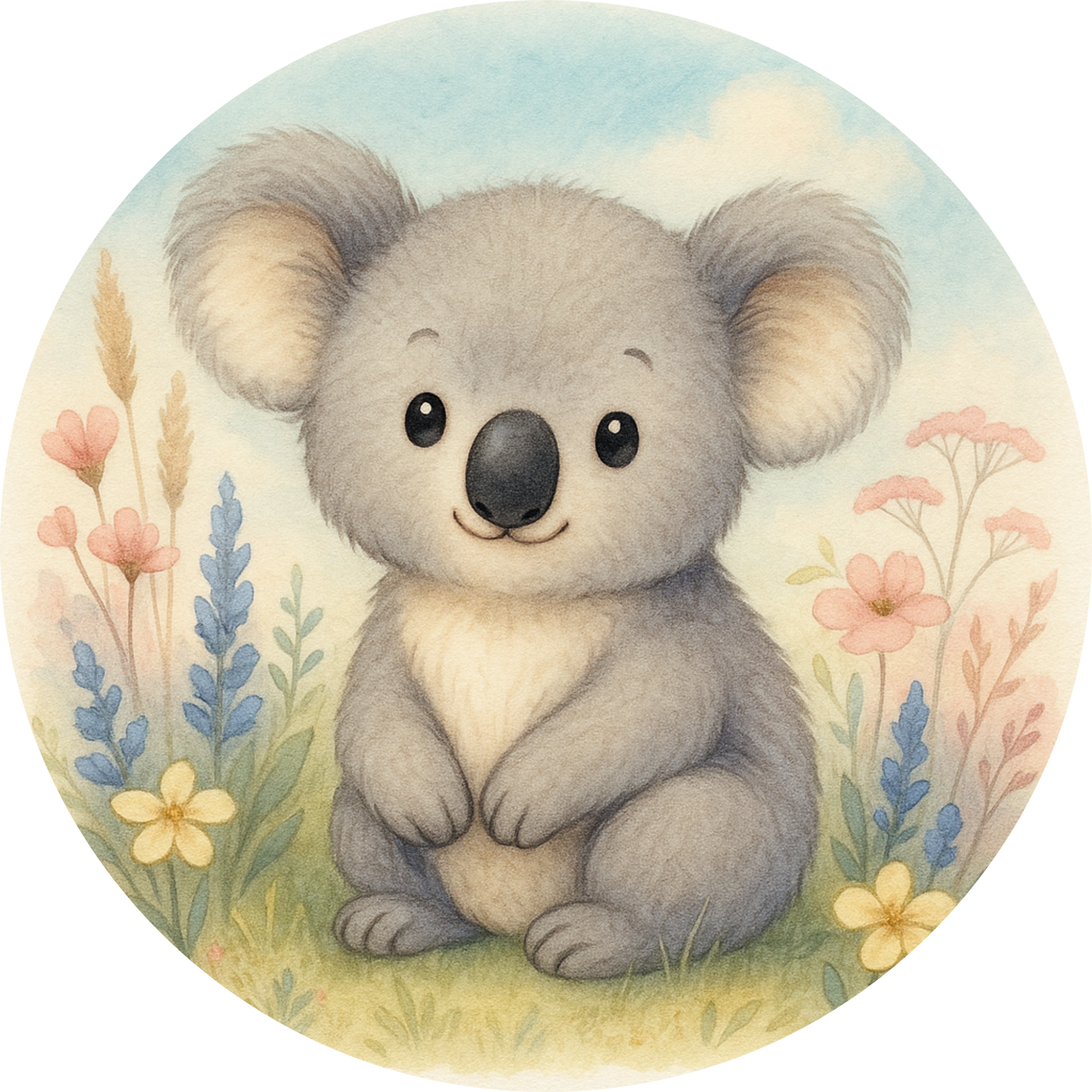 Koalababy mit grauem Fell auf blühender Wiese