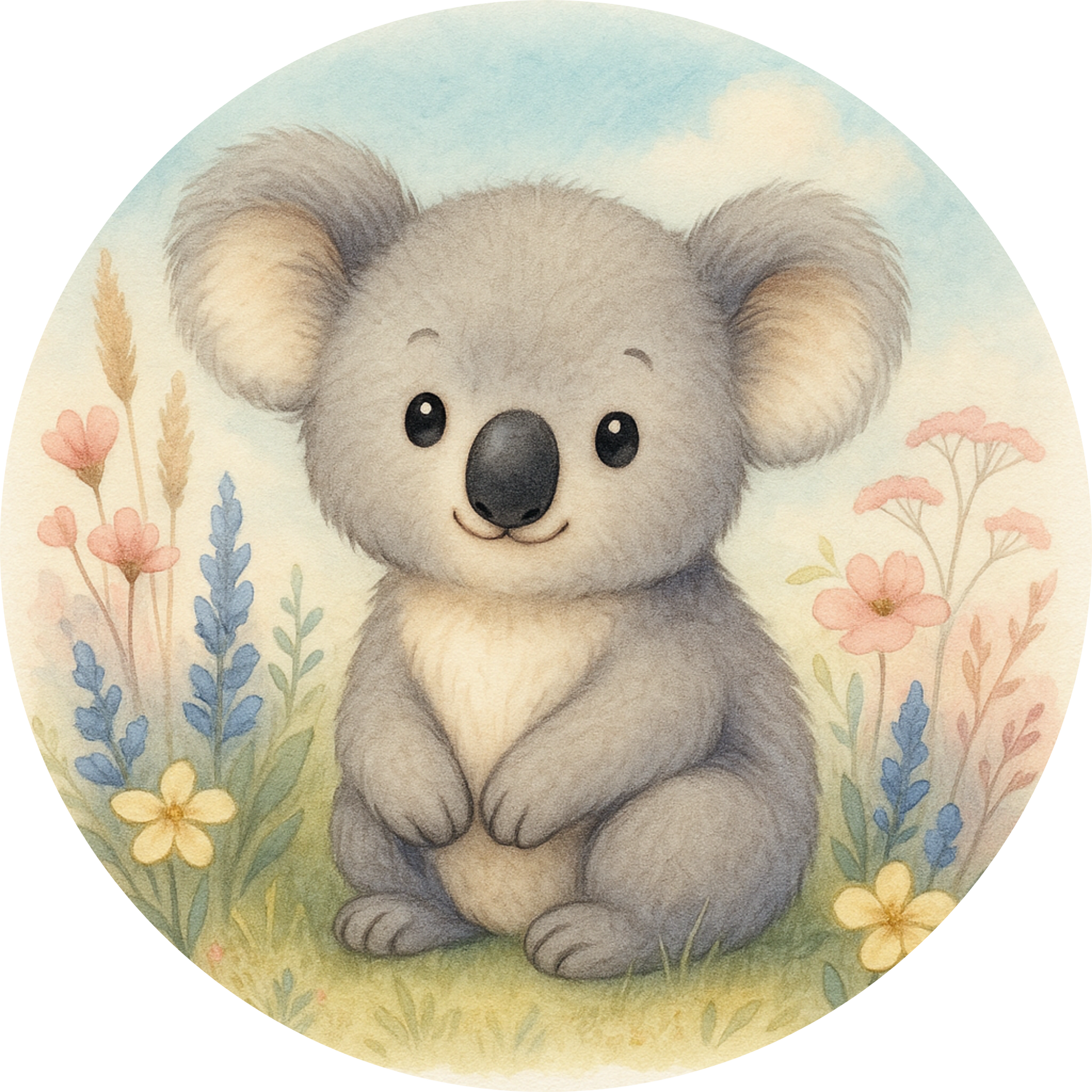 Koalababy mit grauem Fell auf blühender Wiese