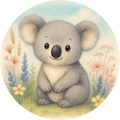 Koalababy mit grauem Fell auf blühender Wiese