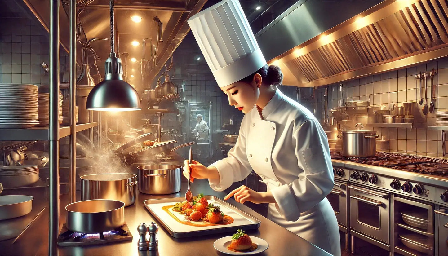 Köchin richtet ein feines Gericht in einer edlen Restaurantküche an – professionelles Küchenhandwerk mit Präzision.