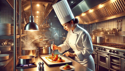 Köchin richtet ein feines Gericht in einer edlen Restaurantküche an – professionelles Küchenhandwerk mit Präzision.