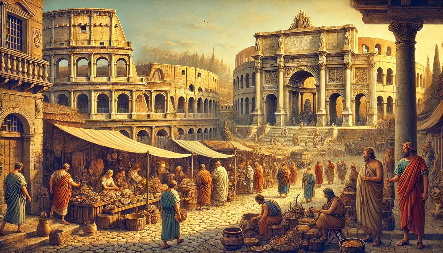 „Historische Marktszene im antiken Rom mit Kolosseum im Hintergrund – Händler, Bürger und antike Architektur in warmen Farben dargestellt.“