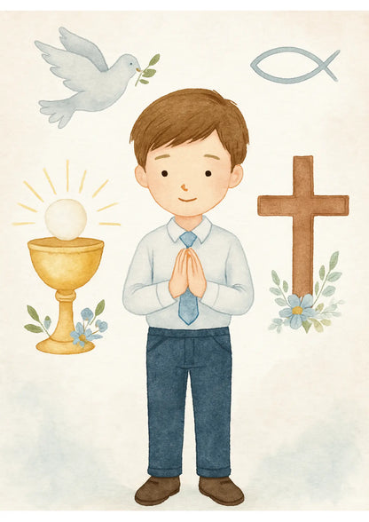 Junge zur Kommunion mit Hostie, Kelch und christlichen Symbolen