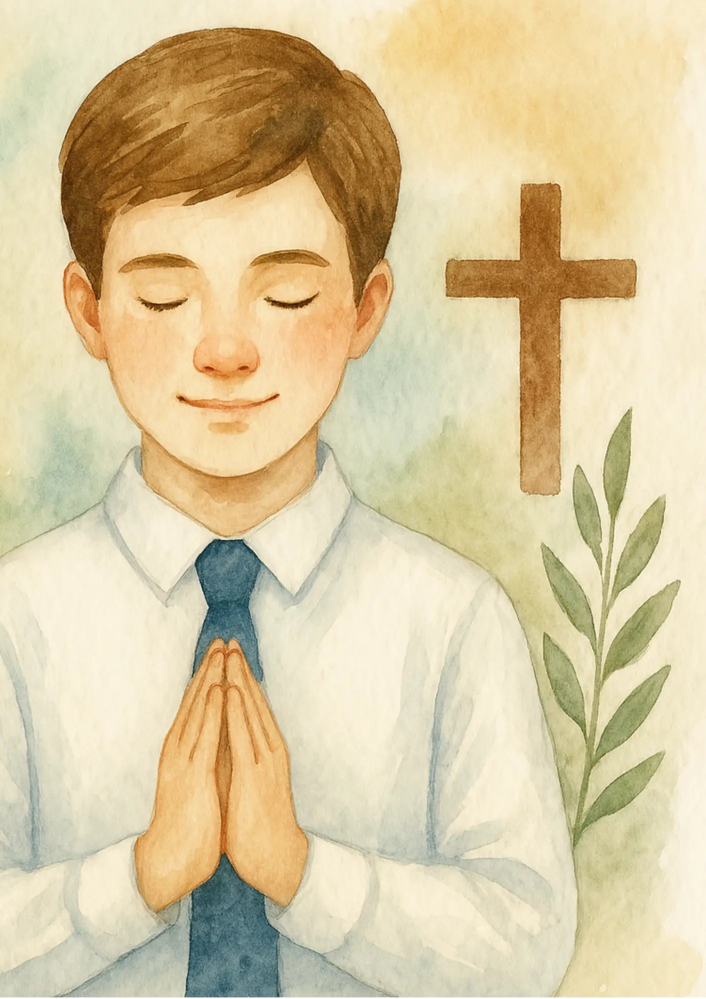 Junge mit geschlossenen Augen und goldenem Kreuz – ruhige Darstellung zur Konfirmation