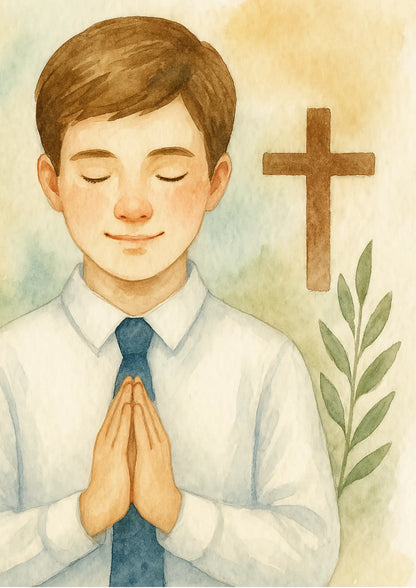 Junge mit geschlossenen Augen und goldenem Kreuz – ruhige Darstellung zur Konfirmation
