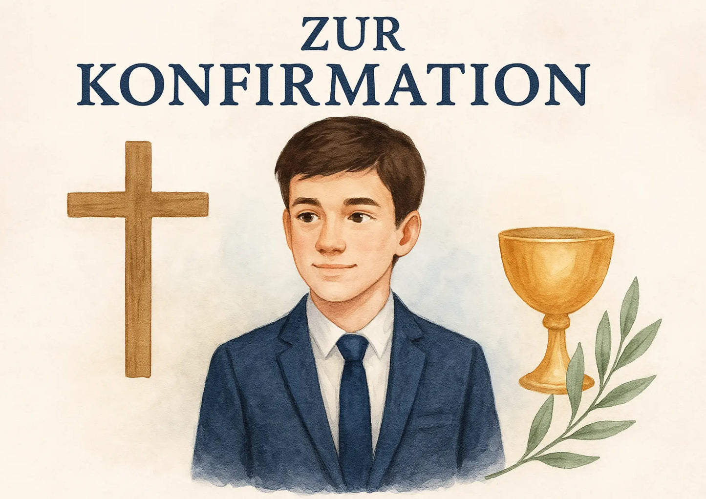 Junge mit Kreuz und Kelch und Schriftzug „Zur Konfirmation“ – modernes Design