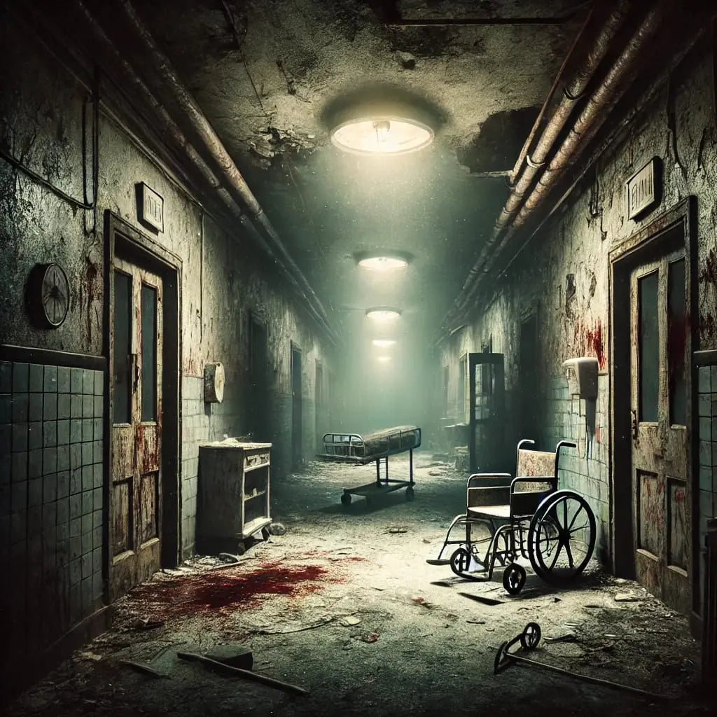 Ein verlassener Krankenhausflur mit Rollstuhl und schwachem Licht. Die beklemmende Stille und der Verfall des Raumes wecken Erinnerungen an längst vergessene Schrecken