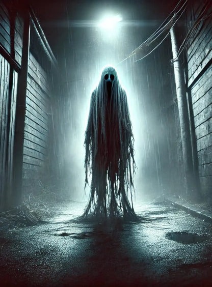 Schattenhafte Figur in beleuchteter Gasse
„Eine geisterhafte Silhouette steht in einer düsteren, nebligen Gasse – bedrohlich und übernatürlich.“