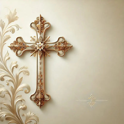 Goldenes Kreuz auf hellem Hintergrund mit floraler Verzierung – schlichtes christliches Motiv