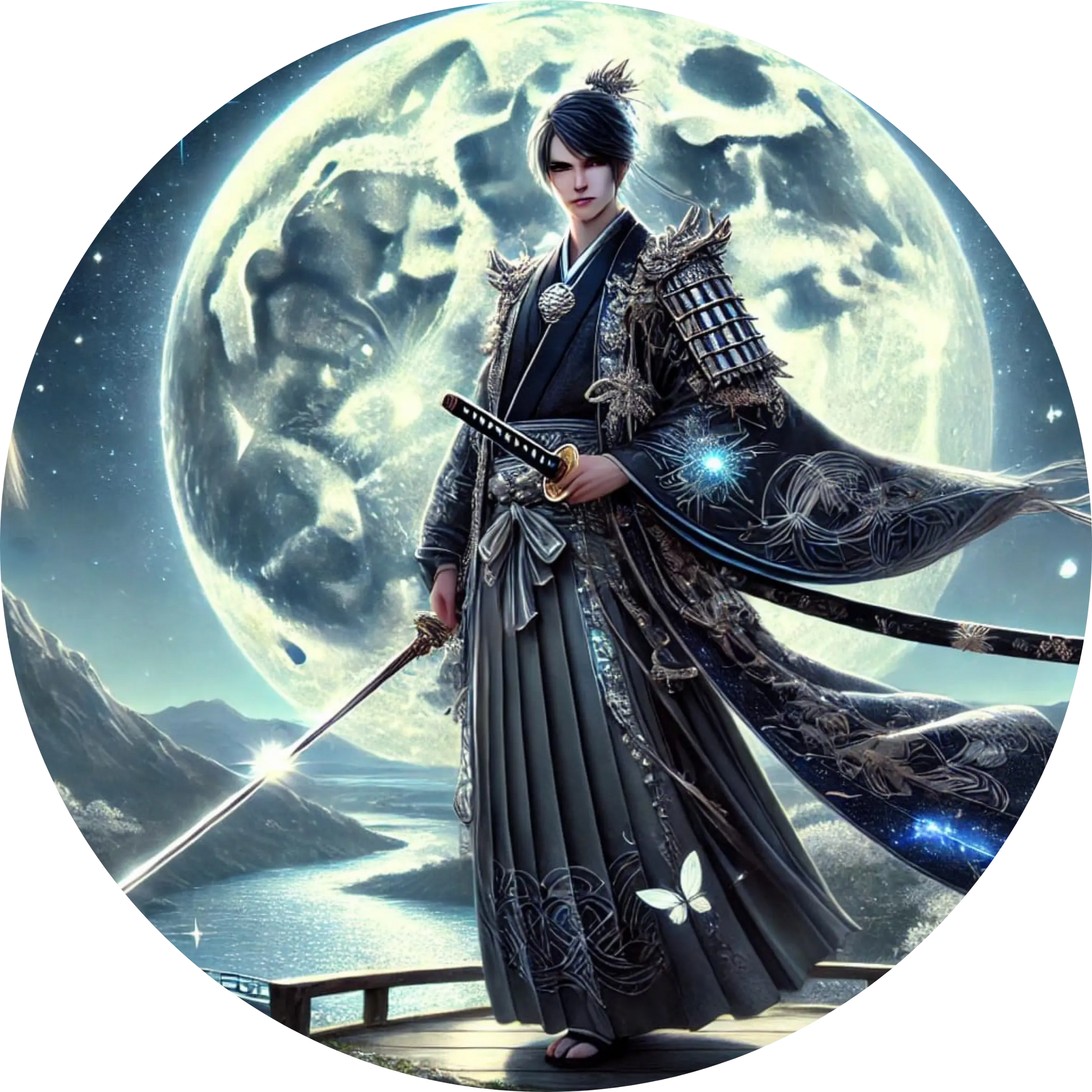 Mystischer Krieger mit Schwert vor Mondlandschaft – japanische Fantasy-Interpretation