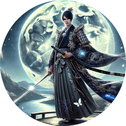 Mystischer Krieger mit Schwert vor Mondlandschaft – japanische Fantasy-Interpretation