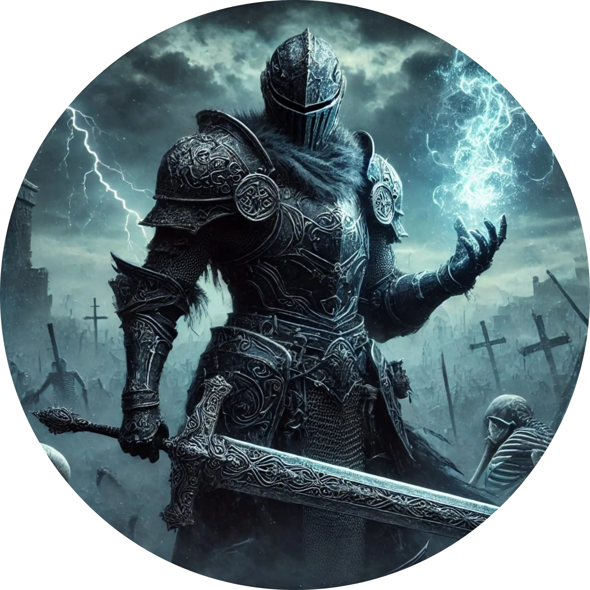 Krieger in dunkler Rüstung vor nebligem Hintergrund