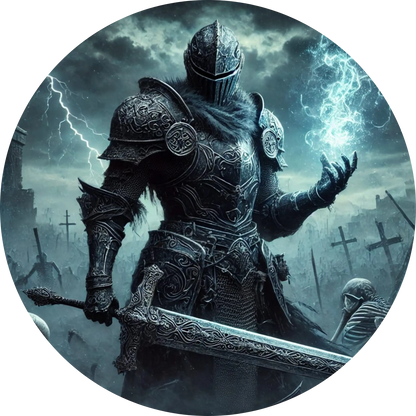 Krieger in dunkler Rüstung vor nebligem Hintergrund