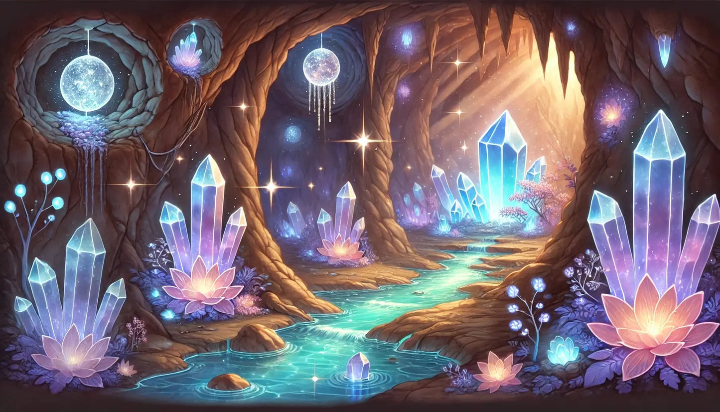 Mystische Fantasielandschaft mit leuchtenden Kristallen, Lotusblumen und einem türkisfarbenen Wasserlauf in einer magischen Höhle.