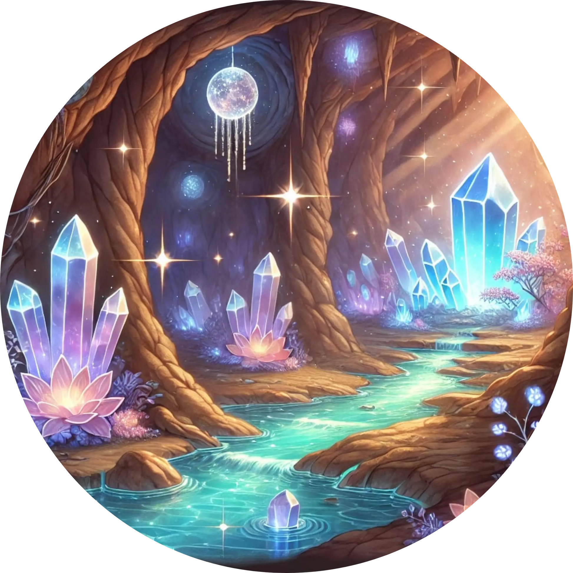 Höhle aus Kristallen mit leuchtenden Farben – magische Waldszene