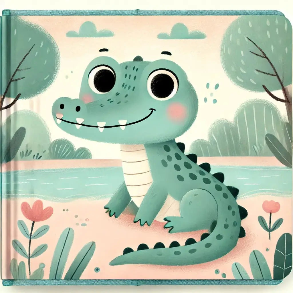 Baby Krokodil guckt fröhlich und sitzt am Fluss. Kinderbuch-Stil