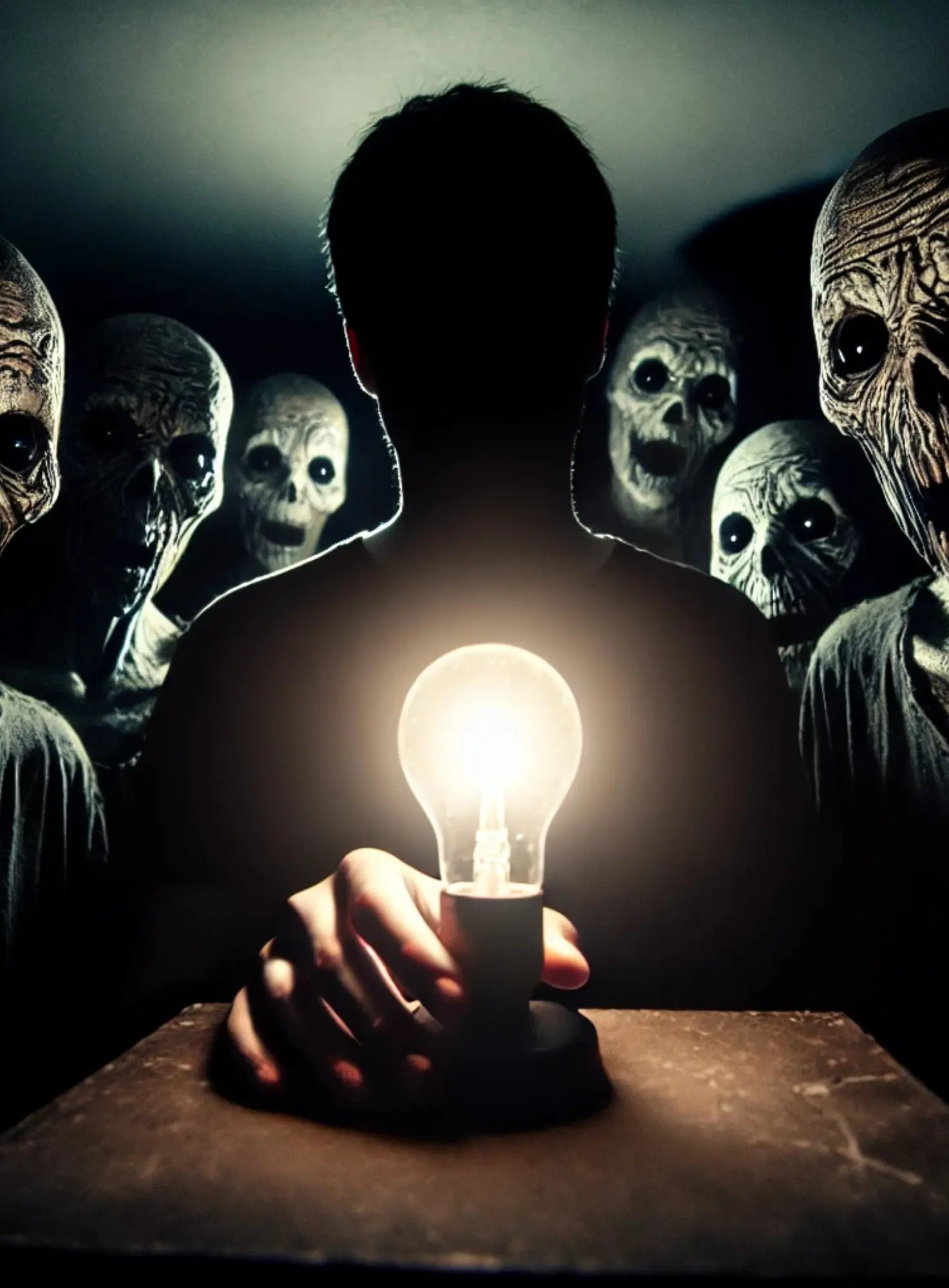 In einem dunklen Raum stehen maskierte Gestalten um einen Tisch mit einer brennenden Kerze – eine unheilvolle Kulthandlung bahnt sich an.