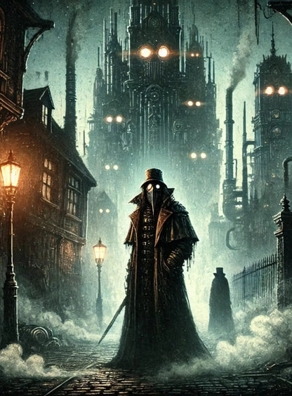 Mystisches Kirchenmotiv mit Kuttenfigur im Zentrum, umgeben von gotischen Fenstern – geheimnisvoll und sakral.