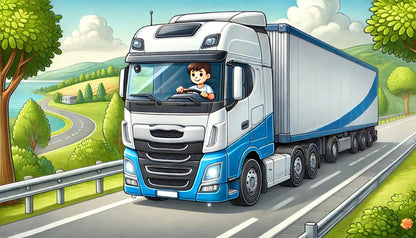 Moderner LKW auf Landstraße mit Feldern und Windrädern.