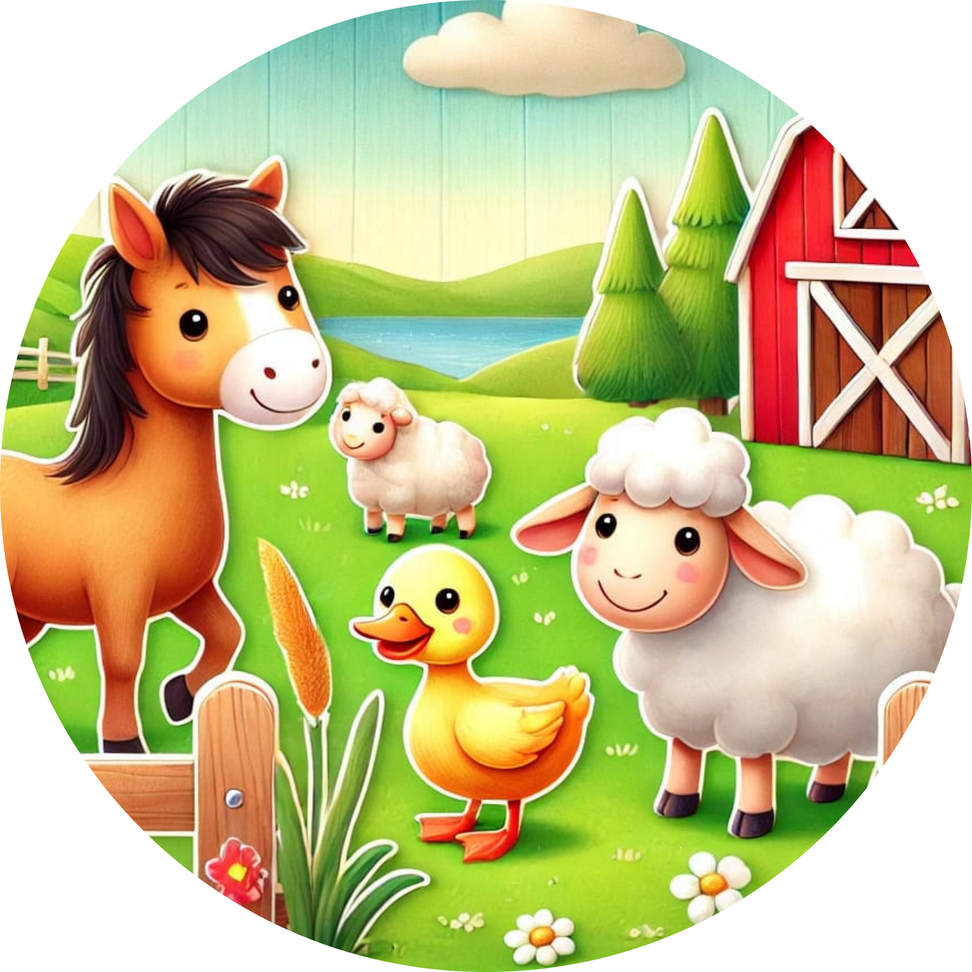 Bauernhof mit rosa Schweinen, Kuh, Hühnern und Scheune – ländliches Idyll

