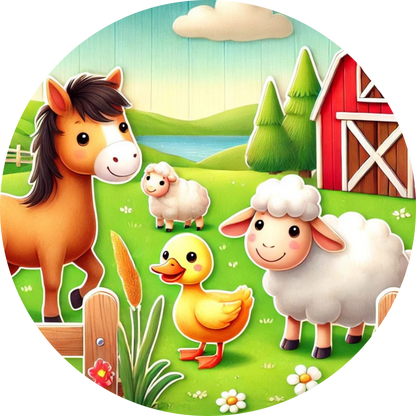 Bauernhof mit rosa Schweinen, Kuh, Hühnern und Scheune – ländliches Idyll

