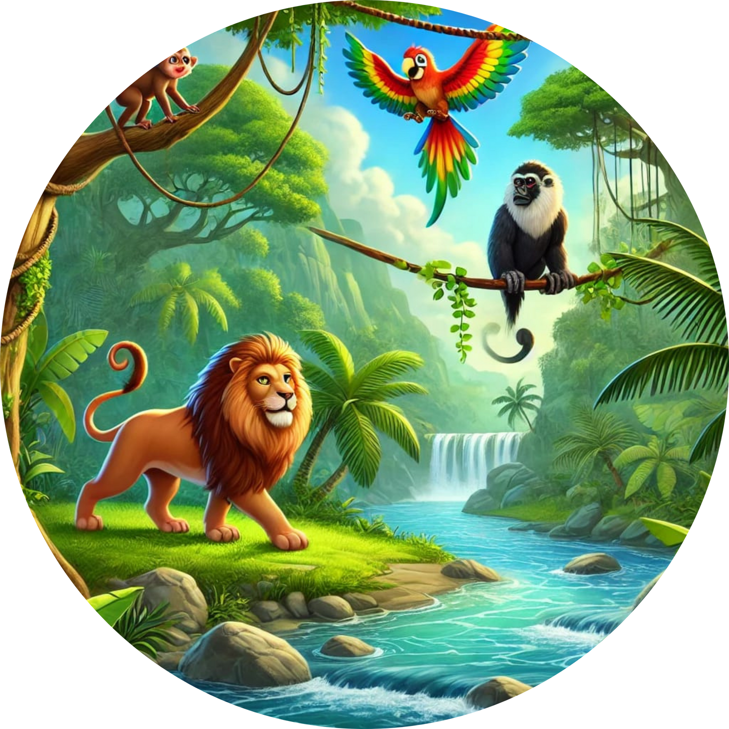 Ein Löwe im Dschungel mit exotischer Umgebung