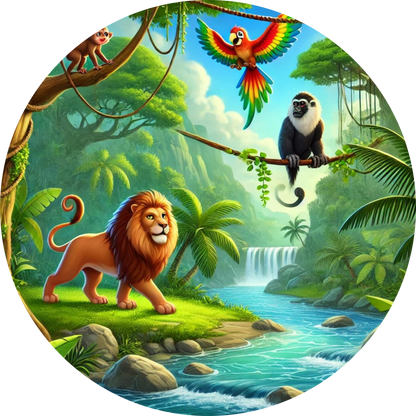 Ein Löwe im Dschungel mit exotischer Umgebung