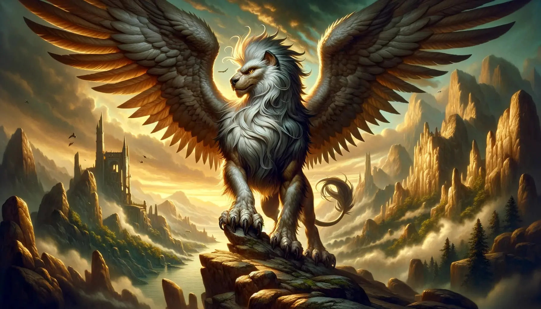 Majestätischer Löwen-Mischwesen mit Flügeln auf Klippe vor Gebirge