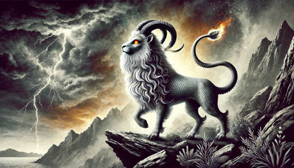 Löwe mit Widderhörnern, steht heroisch auf Felsen bei Sonnenuntergang