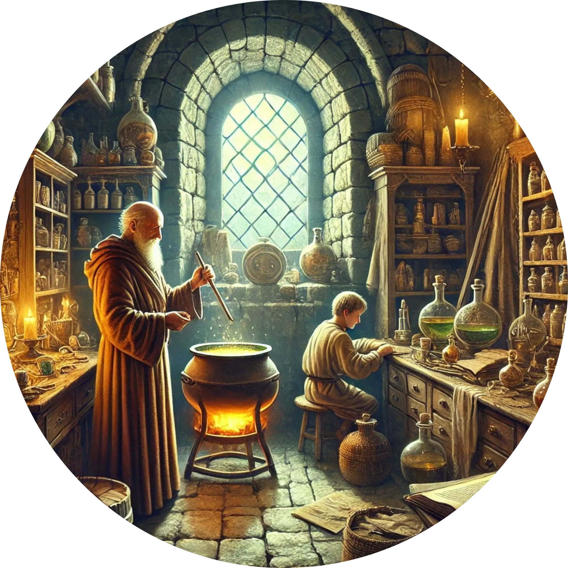 Mittelalterliches Alchemielabor mit Gelehrtem bei der Arbeit an Tränken und Rezepturen.