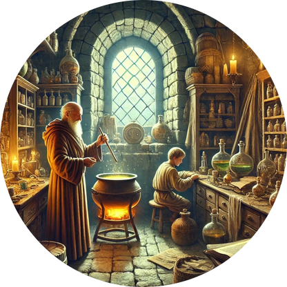 Mittelalterliches Alchemielabor mit Gelehrtem bei der Arbeit an Tränken und Rezepturen.