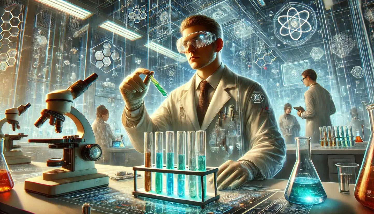 Wissenschaftler im Labor mit Reagenzgläsern und Mikroskop – moderne Darstellung eines Berufs in Forschung und Chemie.