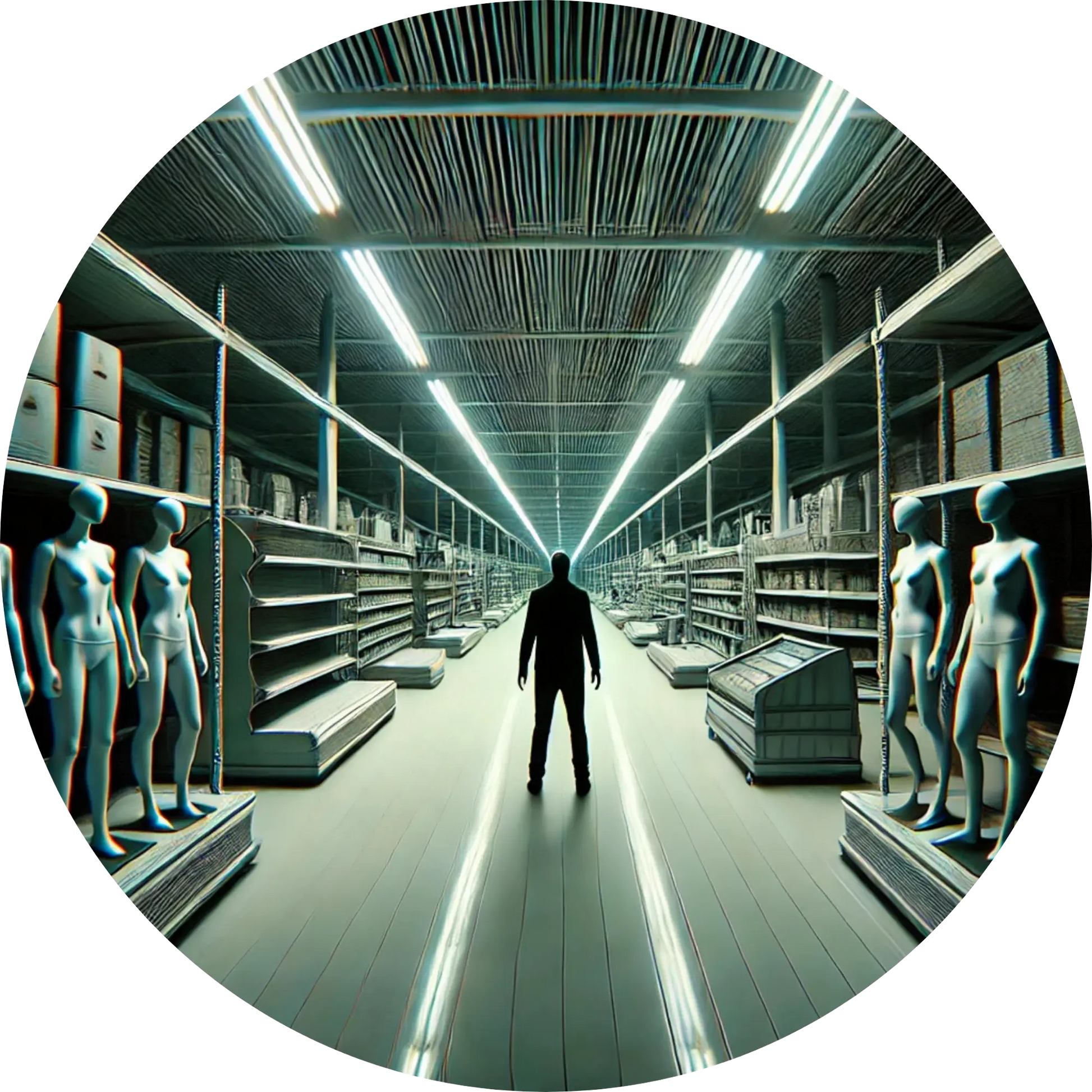 Mensch flieht durch einen hell erleuchteten Lagerflur, verfolgt von Schatten