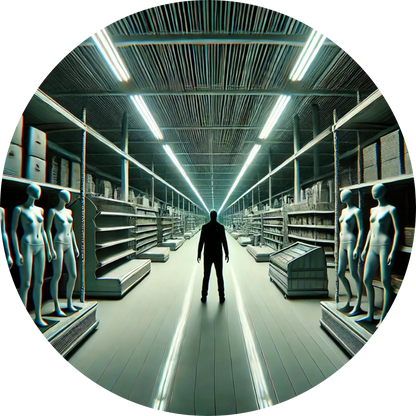 Mensch flieht durch einen hell erleuchteten Lagerflur, verfolgt von Schatten