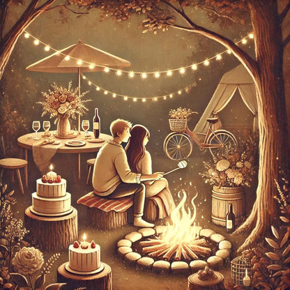 Paar beim Lagerfeuer in romantisch beleuchtetem Waldambiente mit Picknick, Torte und stimmungsvoller Dekoration.