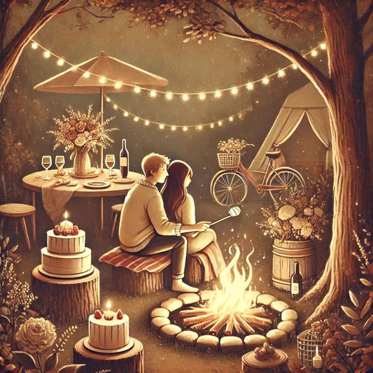 Paar beim Lagerfeuer in romantisch beleuchtetem Waldambiente mit Picknick, Torte und stimmungsvoller Dekoration.