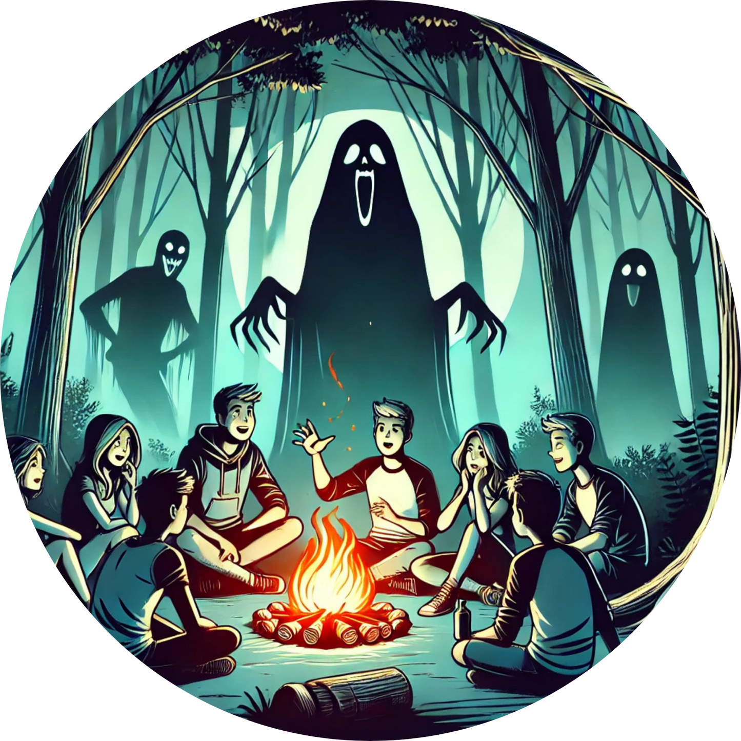 Jugendliche sitzen am Lagerfeuer, während Geister sie aus dem dunklen Wald beobachten