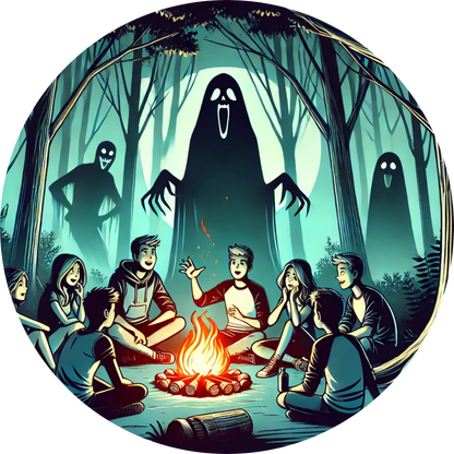 Jugendliche sitzen am Lagerfeuer, während Geister sie aus dem dunklen Wald beobachten