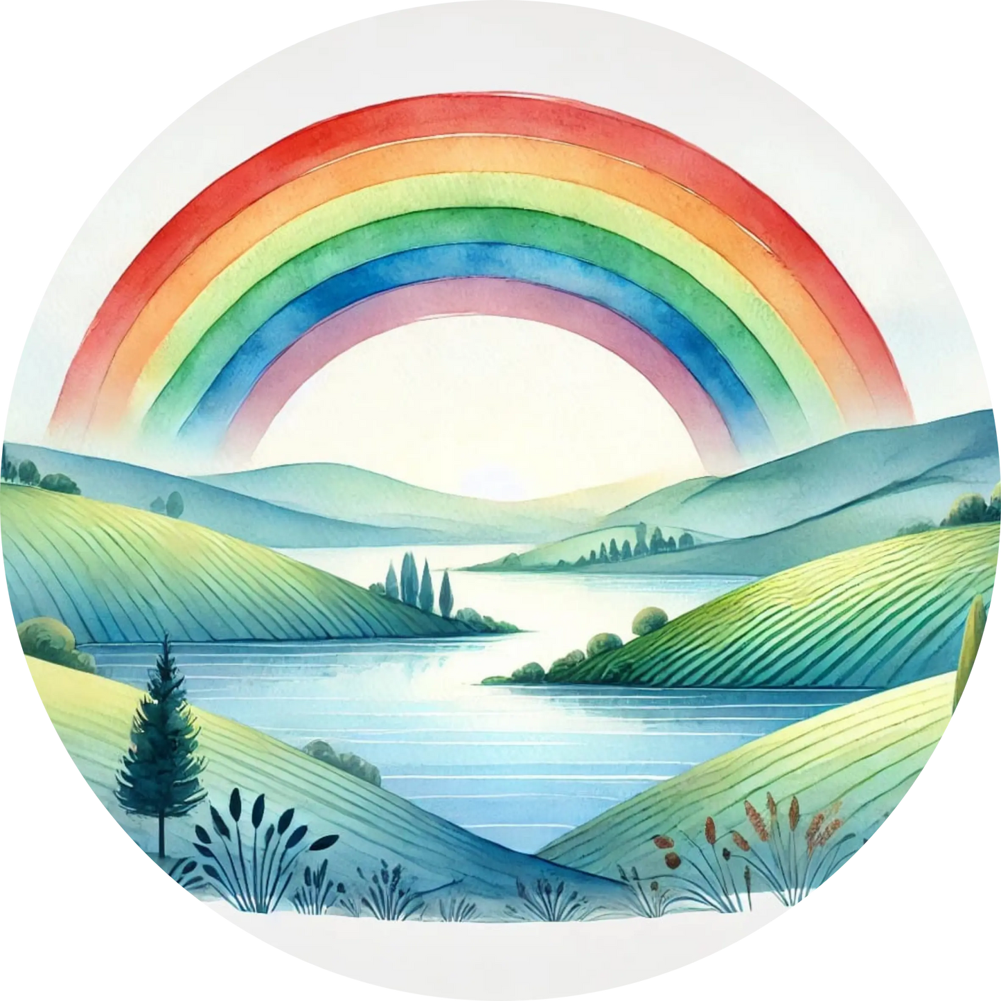 Landschaft mit grün-blauen Hügeln, See und Regenbogen am Himmel.