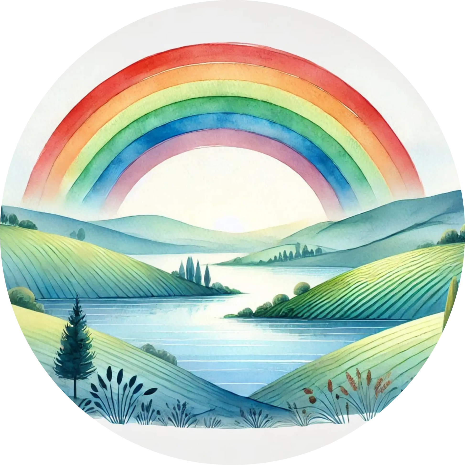 Landschaft mit grün-blauen Hügeln, See und Regenbogen am Himmel.