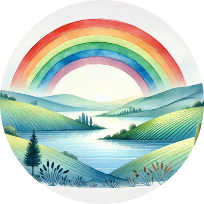 Landschaft mit grün-blauen Hügeln, See und Regenbogen am Himmel.