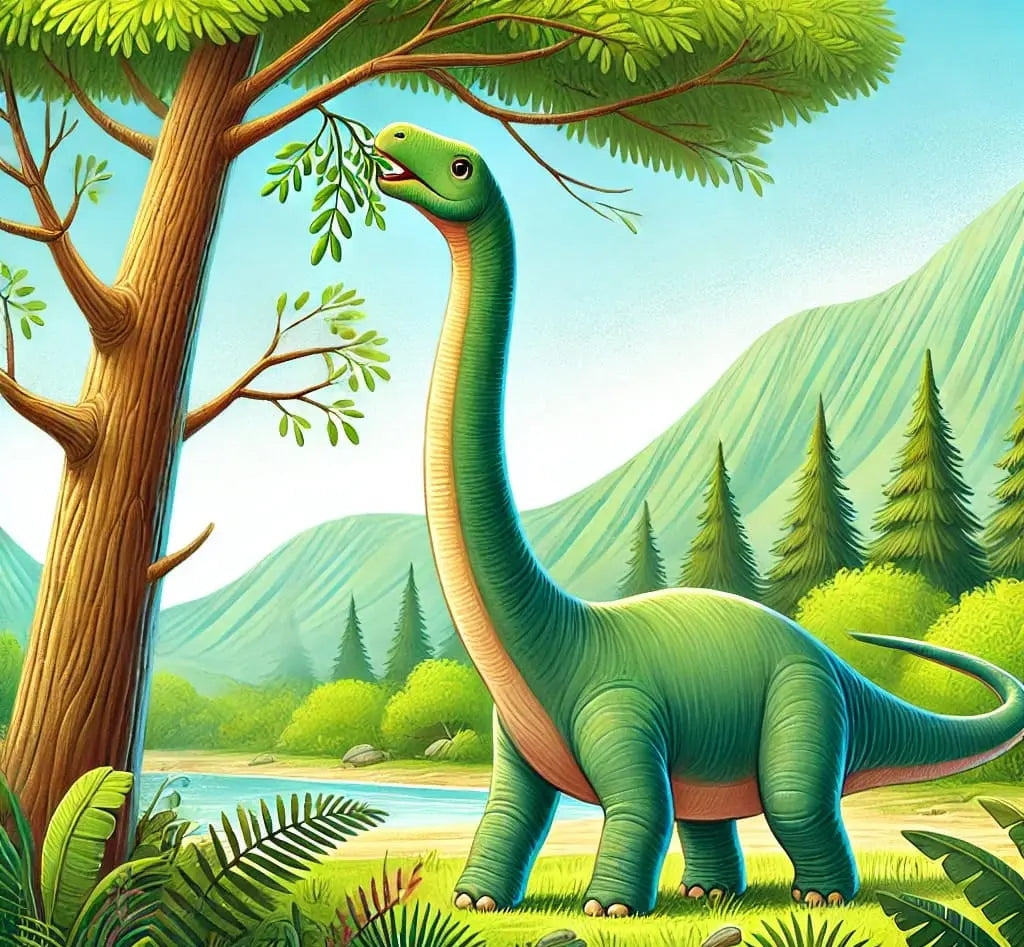 Langhalsdino (Sauropode) in friedlicher Hügellandschaft mit Bäumen